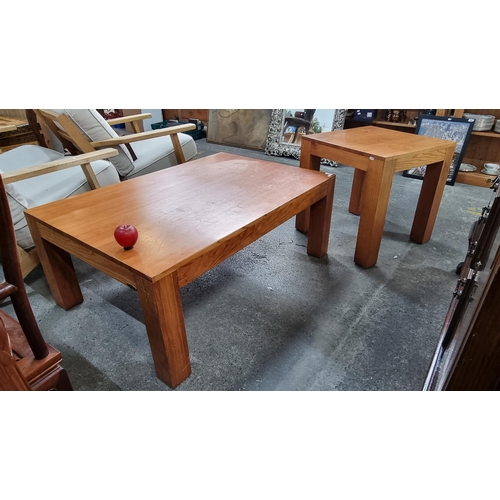 768 - Two solid pine tables including a larger coffee table (MM: L120 x H47 x D80 cm) and a smaller side t... 