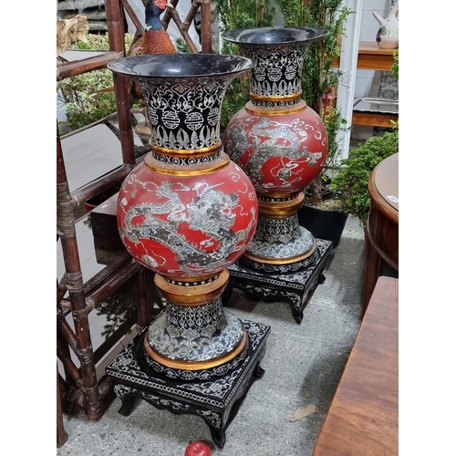 780 - Star Lot : A very impressive pair of vintage large Chinese urns, set on square plinth bases. These f... 