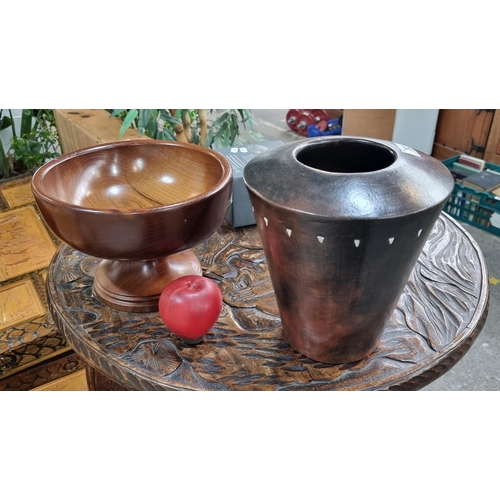 792 - Two good items, comprising of a fabulous heavy ceramic vase and a handsome wooden pedestal bowl.