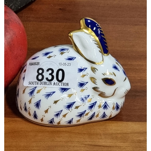 830 - A delightful Royal Crown Derby English bone china rabbit figure with beautiful blue and gilt detail ... 