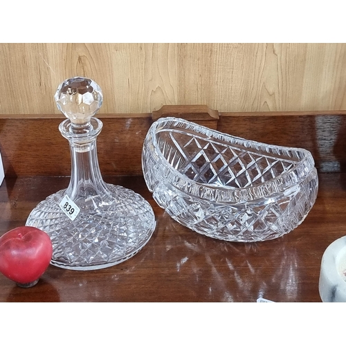 839 - Two cut crystal items including a Waterford crystal ships decanter in the Alana pattern and an Irish... 