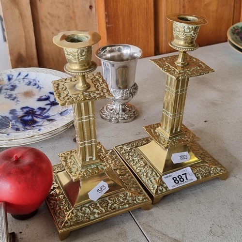 887 - A beautiful pair of vintage heavy polished brass columnar candlesticks with profuse foliate ornament... 