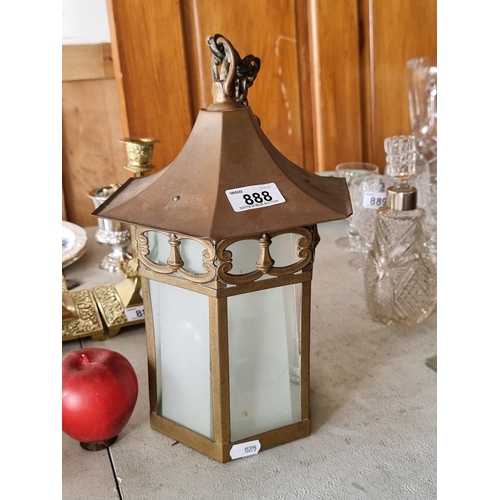 888 - A lantern shaped, copper and brass vintage  light pendant light fitting with frosted glass panels.