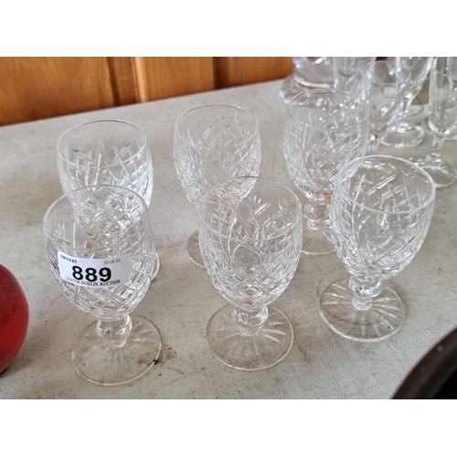 889 - Six good size Waterford crystal stemmed glasses in the Donegal pattern. In good condition, acid mark... 