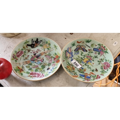 890 - Star lot : Two fabulous 19th century porcelain plates with hand painted Chinese pheasant and butterf... 