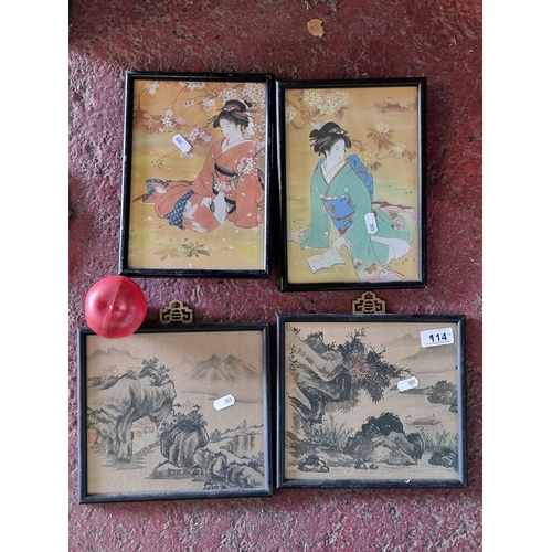 914 - Two vintage Japanese prints on silk along with two prints of Geishas in brightly coloured robes in g... 