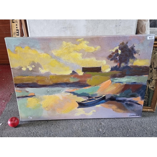 A large print on canvas showing a rowboat pulled up on the banks of a river in warm sunset tones. Paint has been applied to the print in thick impasto brushstrokes to create depth in the image. Slight repair to canvas.