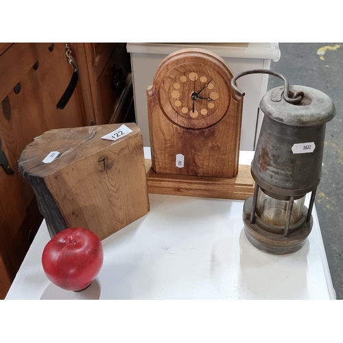 922 - Three items including a fantastic example of an antique miner's lamp with brass fittings to base. In... 