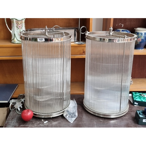 927 - Star lot : A pair of heavy super quality vintage four branch cylindrical  lamps. With a chrome frame... 