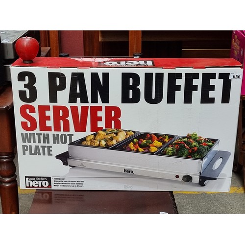 656 - A box containing a '3 Pan Buffet Server with Hot Plate' from Your Kitchen Hero. With 300W power, thr... 