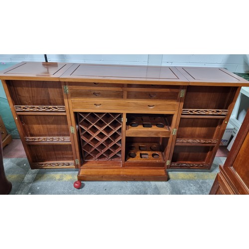 757 - Star lot : An incredible folding Rosewood Chinese wooden bar unit decorated with carved Chinese Fu s... 