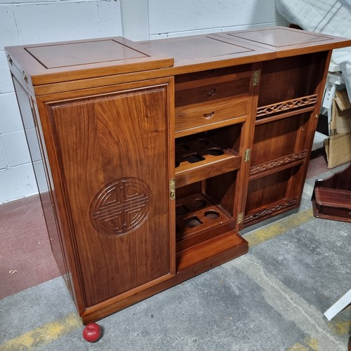 757 - Star lot : An incredible folding Rosewood Chinese wooden bar unit decorated with carved Chinese Fu s... 