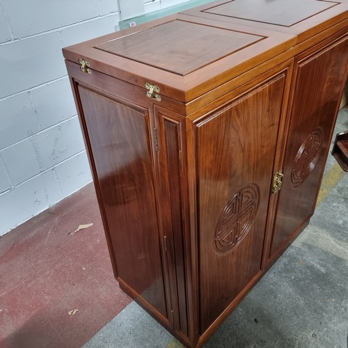 757 - Star lot : An incredible folding Rosewood Chinese wooden bar unit decorated with carved Chinese Fu s... 