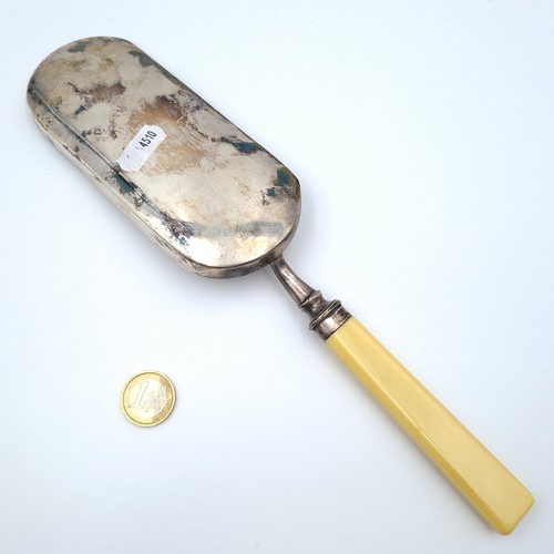 10 - An antique slarge plated crumb scoop, featuring a natural bone handle and deep dish. With Silver col... 