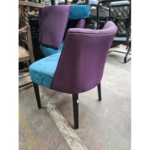 696 - A set of three striking armchairs by Sandalyeci with plush cushions in a turquoise shade and deep pu... 