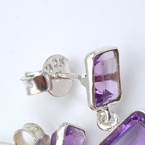 615 - A lovely pair of Amethyst three stone sterling silver drop pendant earrings, set with sterling silve... 