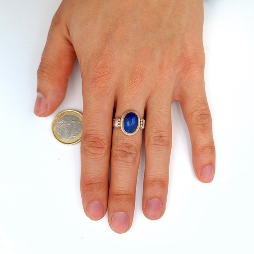 637 - A very attractive sterling silver Lapis Lazuli stone ring, set with a roped four strand channel cut ... 