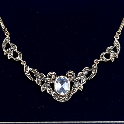 632 - A suite of jewellery, comprising of an attractive Marcasite sterling silver necklace, featuring an o... 