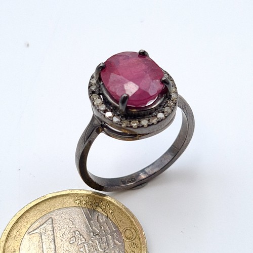 629 - A stunning certified natural Ruby and Diamond sterling silver ring, of a central 4.50 carat central ... 