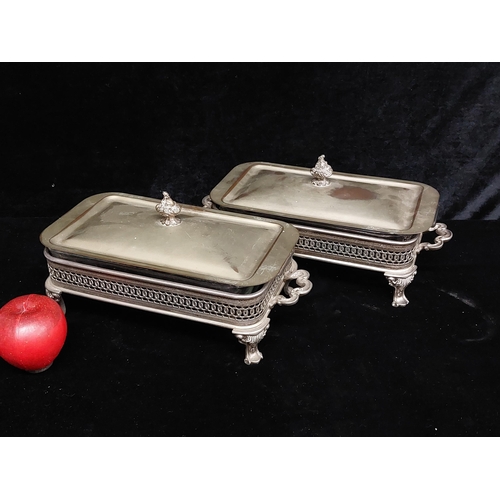 384 - Two fabulous tureen tray sets with ornate pierced EPNS frames and lids and an Anchor Hocking oven pr... 