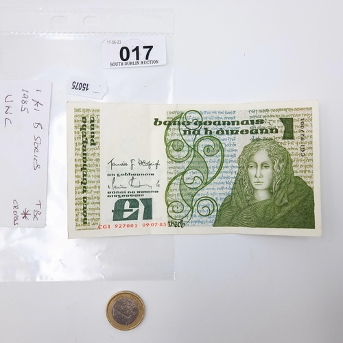 17 - A £1 B Series banknote featuring Queen Medb with serial number: CGI927001. Dating from 9.7.1985.