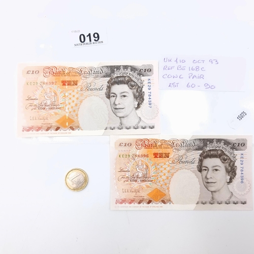 19 - A consecutive pair of £10 banknotes with serial numbers: KE29784396-7. Dating from October 1993.