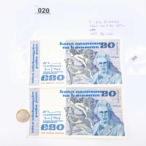 20 - Two £20 B Series W.B. Yeats banknotes both dating from 24.2.1981.