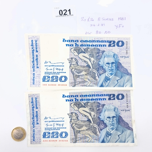 21 - Two £20 B Series W.B. Yeats banknotes both dating from 24.2.1981 and 20.10.1981.