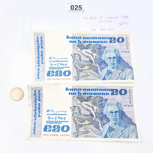 25 - Two £20 B Series W.B. Yeats banknotes both dating from 24.2.1981.