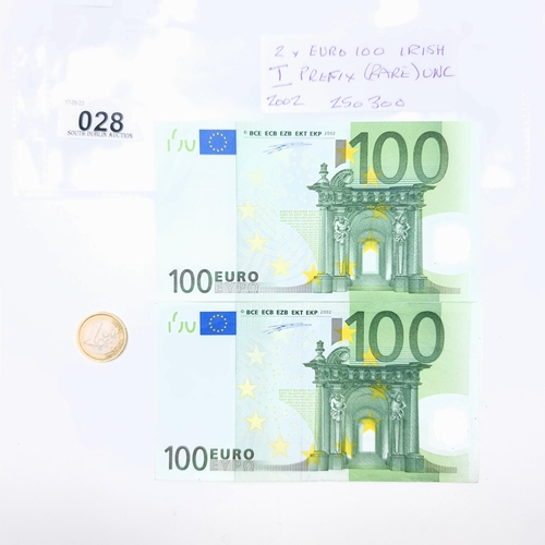 28 - Star lot :Two €100 Irish banknotes with T Prefix dating from 2002. Ireland only produced Euro notes ... 