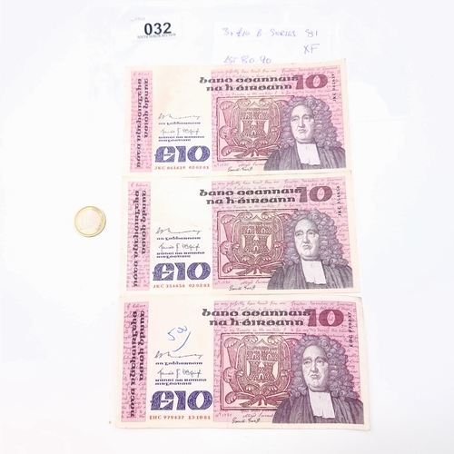 32 - A collection of three Jonathan Swift B Series £10 banknotes with two dating from the 2.2.1981 and on... 