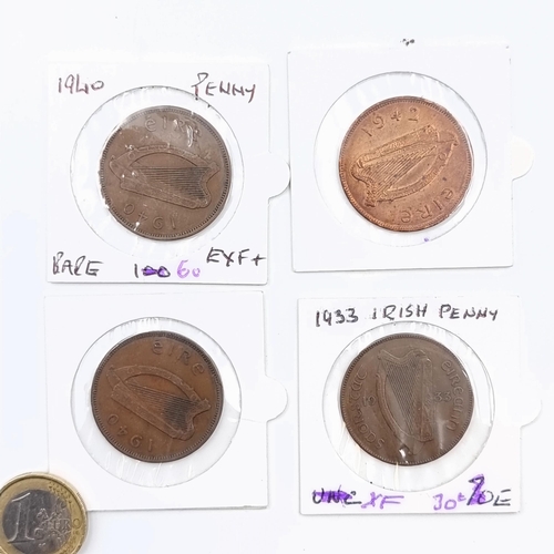 40 - Four Irish penny coins including a 1933, two from 1940 and another 1942. Including a rare chickless.