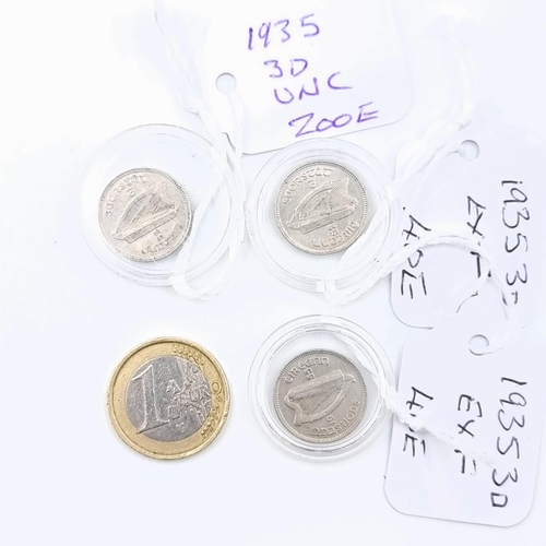 41 - A collection of three 1935 3 pence Irish coins in protective cases. inc an uncirculated.