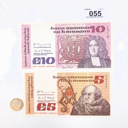 55 - Two Irish banknotes including a £10 B Series Jonathan Swift dating to 2.2.1981 along with a Scotus £... 