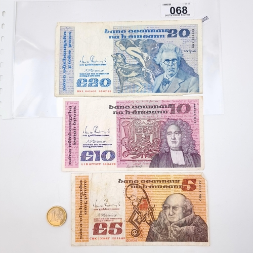 68 - Three Irish B Series banknotes including a £5 Scotus note dating to 22.11.1989, a £10 Jonathan Swift... 