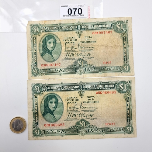 70 - Two currency commission £1 Lady Lavery banknotes dating to 5.2.1937 and 12.3.1937.