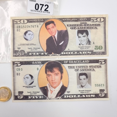 72 - A pair of very fun novelty notes featuring colourful images of the King of Rock'n'Roll Elvis Presley... 