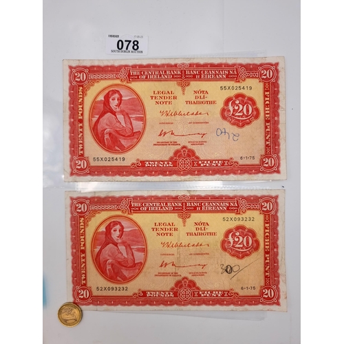 78 - Two £20 Lady Lavery Irish banknotes dating to 6.1.1975.