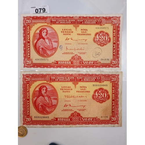 79 - Two £20 Lady Lavery Irish banknotes dating to 6.1.1975 and 24.3.1976.