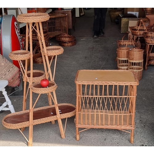 936 - Two pieces of wicker furniture including a tiered plant stand with six wooden shelves (H113cm) along... 