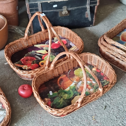 944 - Two vintage woven wicker baskets with bases displaying images of food.  Super new from a wicker stor... 