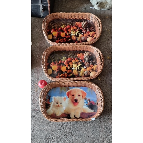 945 - Three vintage woven wicker trays with bases displaying images of puppies, picnics and kittens.  Supe... 