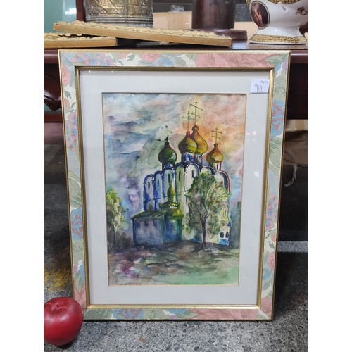 917 - A striking original watercolour painting depicting an Orthodox church. This piece is rendered in bri... 