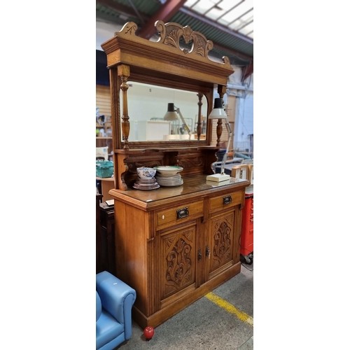 934 - Star lot : A fabulous Art Nouveau circa 1880s dresser with profuse carved ornament throughout, two c... 