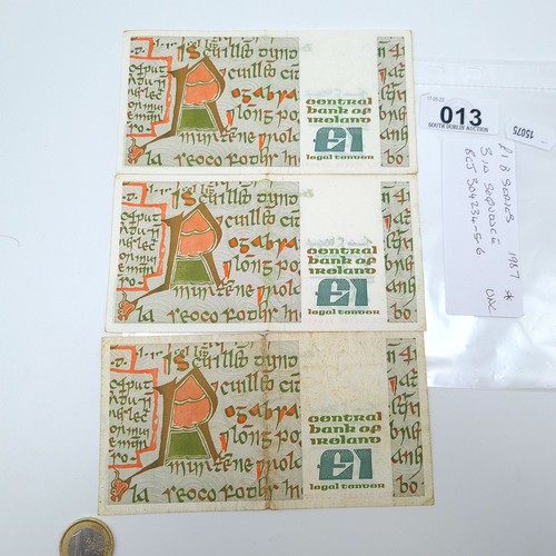 13 - Three £1 B Series consecutive banknotes with serial numbers: BCJ304234-5-6. Dating from 22.4.1987.