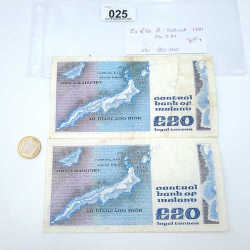 25 - Two £20 B Series W.B. Yeats banknotes both dating from 24.2.1981.