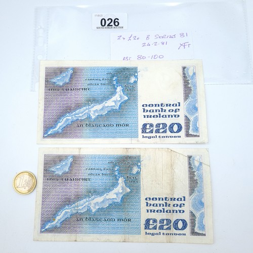 26 - A pair of £20 B Series W.B. Yeats banknotes both dating from 24.2.1981.
