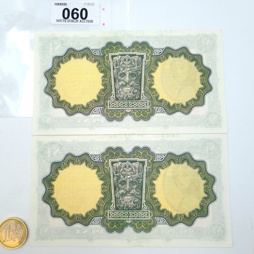 60 - Two consecutive £1 Lady Lavery Irish banknotes with serial numbers: 79K953383-4. Both dating to 21.4... 