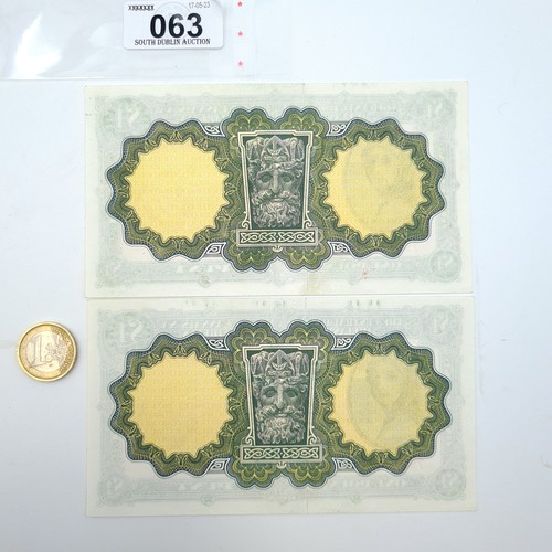 63 - Two consecutive £1 Lady Lavery Irish banknotes with serial numbers: 79K953399-400. Both dating to 21... 