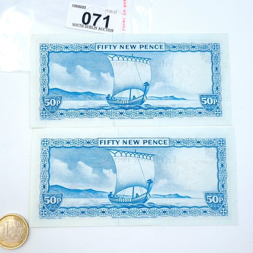 71 - Two consecutive Isle of Man Government Fifty New Pence banknotes with serial numbers: 615101-2.